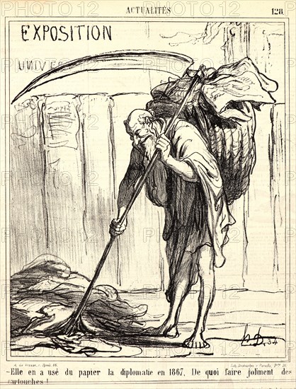 Honoré Daumier (French, 1808 - 1879). Elle en usé du papier la diplomatie en 1867..., 1867. From Actualités. Lithograph on newsprint paper. Image: 256 mm x 210 mm (10.08 in. x 8.27 in.). Fourth of four states.