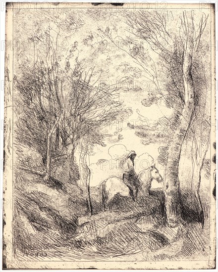 Jean-Baptiste-Camille Corot (French, 1796 - 1875). Le Grand Cavalier sous Bois, ca. 1854. From Quarante Clichés-Glace. Cliché-verre.