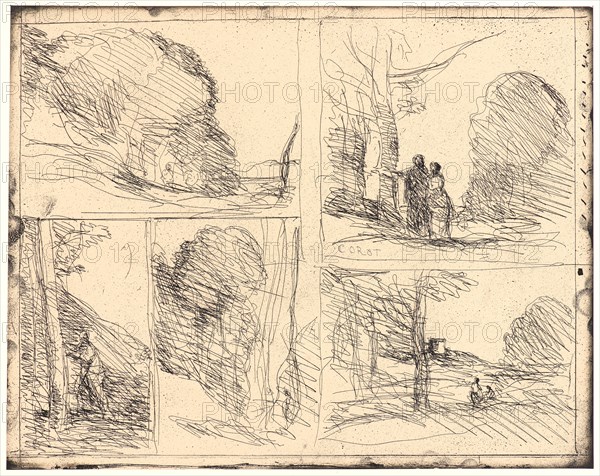 Jean-Baptiste-Camille Corot (French, 1796 - 1875). Le Jardin de Pericles, L'Allee des Peintres, Le Griffonnage, Le Grand Bucheron, La Tour d'Henri VIII, 1856. From Quarante Clichés-Glace. Cliché-verre.