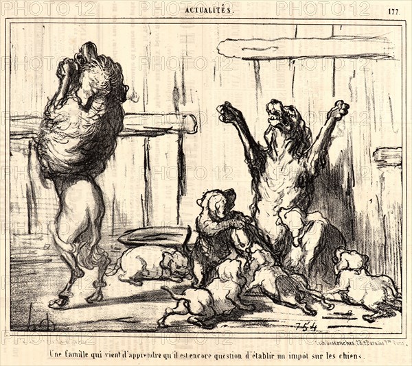 Honoré Daumier (French, 1808 - 1879). Une famille qui vient d'apprendre qu'il est encore question d'éstablir un impot sur les chiens, 1855. From Actualités. Lithograph on newsprint paper. Image: 194 mm x 246 mm (7.64 in. x 9.69 in.). Second of two states.