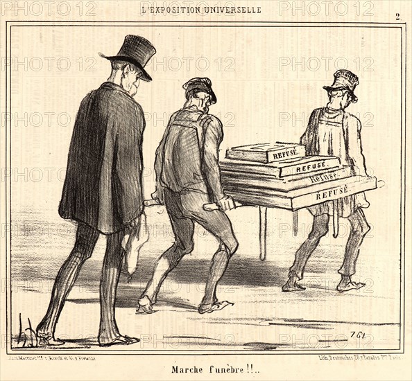 Honoré Daumier (French, 1808 - 1879). Marche funébre!!, 1855. From L'Exposition Universelle. Lithograph on newsprint paper. Image: 207 mm x 249 mm (8.15 in. x 9.8 in.). Second of two states.