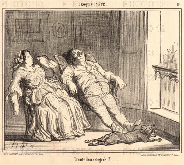 Honoré Daumier (French, 1808 - 1879). Trente deux degres!!!, 1857. From Croquis d'été. Lithograph on newsprint paper. Image: 202 mm x 254 mm (7.95 in. x 10 in.). Second of two states.