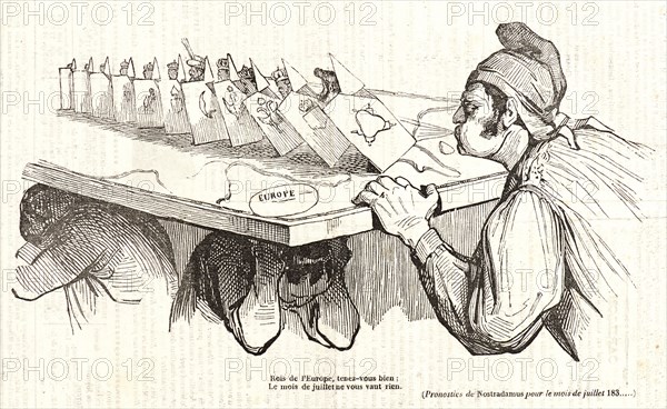 Honoré Daumier (French, 1808 - 1879). Rois de l'Europe, tenez-vous bien; Le mois de juillet ne vous vuat rien., 1834. Wood engraving on newsprint paper. Image: 131 mm x 251 mm (5.16 in. x 9.88 in.).