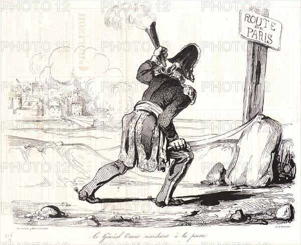 Honoré Daumier (French, 1808 - 1879). Le Général Omar (Aymard) marchant Ã  la pairie, 1834. Pen lithograph on newsprint paper. Image: 215 mm x 287 mm (8.46 in. x 11.3 in.). Only state.