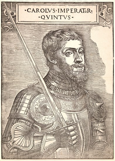 Attributed to Giovanni Britto (German, ca. 1500 - after 1550) after Titian (Italian (Venetian), ca. 1488 - 1576). The Holy Roman Emperor Charles V, ca. 1540. Woodcut. First state.