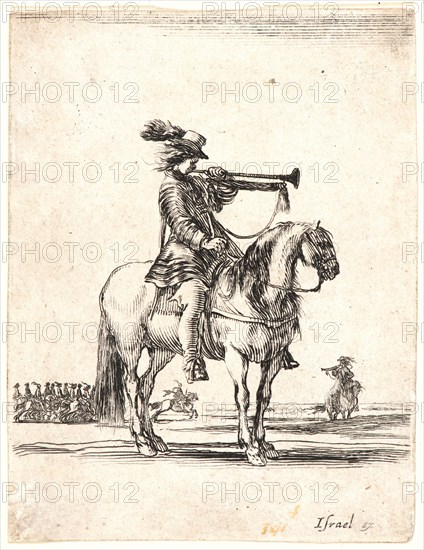 Stefano Della Bella (Italian, 1610 - 1664). Trompette Ã  cheval, 1642-1645. From Divers exercises des cavaliers. Etching on laid paper. Only state.