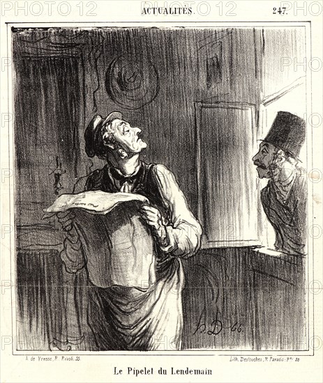 Honoré Daumier (French, 1808 - 1879). Le Pipelet du Lendemain, 1867. From Actualités. Lithograph on newsprint paper. Image: 233 mm x 201 mm (9.17 in. x 7.91 in.). Second of two states.