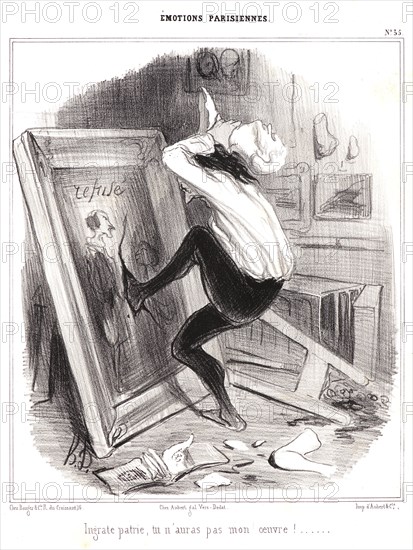 Honoré Daumier (French, 1808 - 1879). Ungrateful countryâ€îyou shall not have my work! (Ingrate patrie, tu n'auras pas mon oeuvre!...), 1840. From Emotions parisiennes. Lithograph on white wove paper. Image: 248 mm x 210 mm (9.76 in. x 8.27 in.). Fifth state, with Emotions parisiennes replacing Salon de 1841.