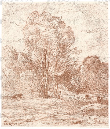 Jean-Baptiste-Camille Corot (French, 1796 - 1875). The Cows' Resting Place, 1871. From Douze Autographies. Transfer lithograph printed in red ink on chine collé. Image: 160 mm x 136 mm (6.3 in. x 5.35 in.). First of two states, before number and address.