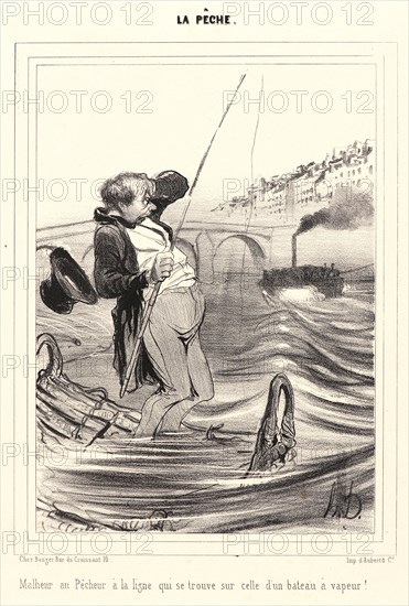 Honoré Daumier (French, 1808 - 1879). Malheur au PÃªcheur a la ligne..., 1840. From La PÃªche. Lithograph on white wove paper. Image: 226 mm x 164 mm (8.9 in. x 6.46 in.) (image dimensions are for composition). Second state, with letters.