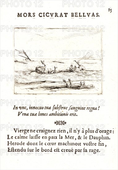 Jacques Callot (French, 1592 - 1635). Les Dauphins et le Crocodile, 17th century. From The Life of the Virgin in Emblems (La Vie de la MÃ¨re de Dieu représentée par des. Etching. First of two states.