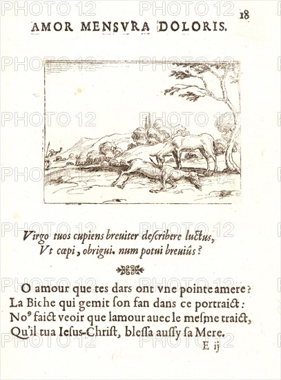 Jacques Callot (French, 1592 - 1635). La Biche qui Pleure son Faon, 17th century. From The Life of the Virgin in Emblems (La Vie de la MÃ¨re de Dieu représentée par des. Etching. First of two states.