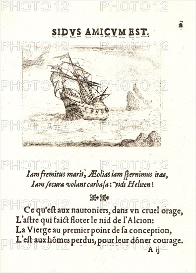 Jacques Callot (French, 1592 - 1635). Vaisseau Navigant aupres des Rochers, 17th century. From The Life of the Virgin in Emblems (La Vie de la MÃ¨re de Dieu représentée par des. Etching. First of two states.