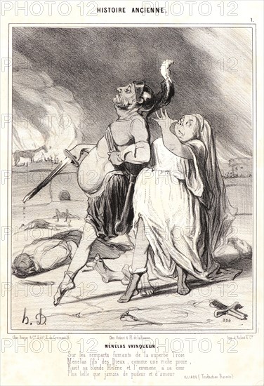 Honoré Daumier (French, 1808 - 1879). Menelas Vainqueur, 1841. From Histoire Ancienne. Lithograph on white wove paper. Image: 238 mm x 190 mm (9.37 in. x 7.48 in.) (image dimensions are for composition). Second of three states.