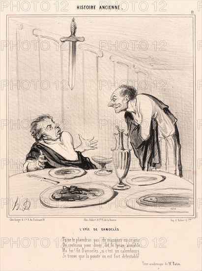 Honoré Daumier (French, 1808 - 1879). L'Epée de Damocles, 1842. From Histoire Ancienne. Lithograph on white wove paper. Image: 213 mm x 199 mm (8.39 in. x 7.83 in.) (image dimensions are for composition). Second of three states.