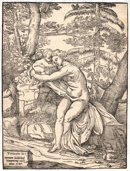 NicolÃ² Boldrini (Italian, born ca. 1500) after Titian (Italian (Venetian), ca. 1488 - 1576). Venus and Amor, 1566. Woodcut.