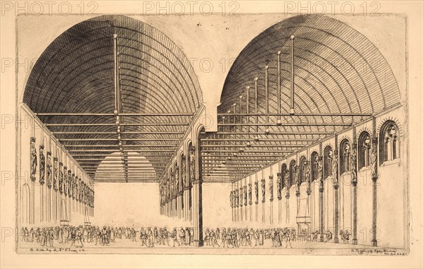 Charles Meryon (French, 1821 - 1868) after Jacques Androuet Du Cerceau the Younger (French, 1550 - 1614). The Ante- Chamber of the Old Palace of Justice (Salle des Pas-Perdus à l'Ancien Palais-de- Justice, Paris), 1855. Etching. Fourth state.