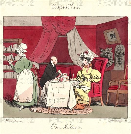 Henry Bonaventure Monnier (French, 1799/1805 - 1877). Un Medecin (Aujourd'hui), 1829. From The 18th Century and Today (Jadis et Aujourd'hui). Pen lithograph with hand coloring.