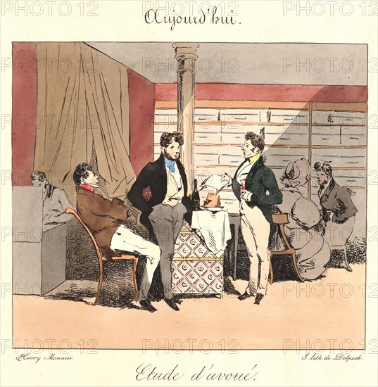 Henry Bonaventure Monnier (French, 1799/1805 - 1877). Etude d'avoue (Aujourd'hui), 1829. From The 18th Century and Today (Jadis et Aujourd'hui). Pen lithograph with hand coloring.