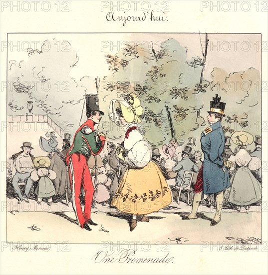 Henry Bonaventure Monnier (French, 1799/1805 - 1877). Un Promenade (Aujourd'hui), 1829. From The 18th Century and Today (Jadis et Aujourd'hui). Pen lithograph with hand coloring.