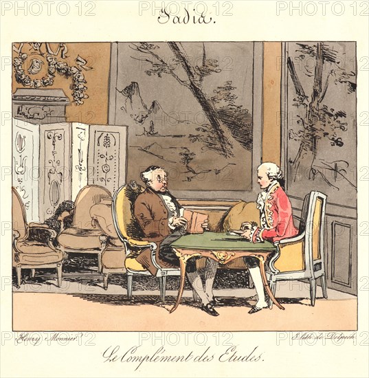 Henry Bonaventure Monnier (French, 1799/1805 - 1877). Le Complement des Etudes (Jadis), 1829. From The 18th Century and Today (Jadis et Aujourd'hui). Pen lithograph with hand coloring.