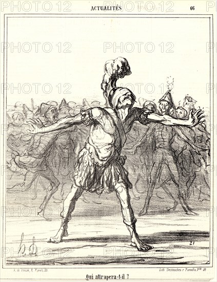 Honoré Daumier (French, 1808 - 1879). Qui attrapera-t-il?, 1867. From Actualités. Lithograph on newsprint paper. Image: 251 mm x 208 mm (9.88 in. x 8.19 in.). Third of three states.