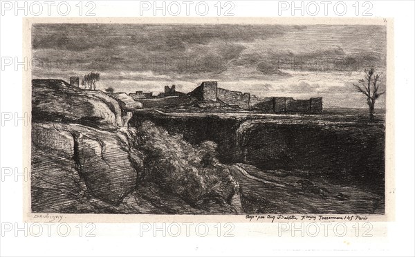 Charles FranÃ§ois Daubigny (French, 1817 - 1878). Landscape with Ruins, 19th century. Etching, soft-ground etching, and roulette on chine collé. Plate: 119 mm x 196 mm (4.69 in. x 7.72 in.). Second of two states.
