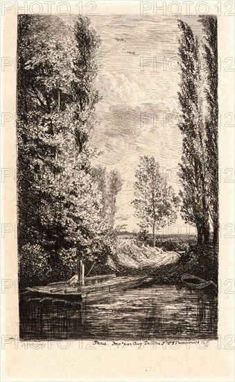 Charles FranÃ§ois Daubigny (French, 1817 - 1878). The Ferry, a Memory of the Iles de Bezon on the Seine (Le Bac, souvenir des Iles de Bezons), 1850. Etching on Asian laid paper. Plate: 186 mm x 112 mm (7.32 in. x 4.41 in.). Fourth of four states.