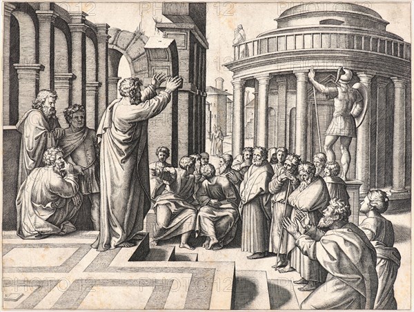 Marcantonio Raimondi (Italian, ca. 1470/1482 - 1527/1534) after Raphael (Italian, 1483 - 1520). St. Paul Preaching in Athens, ca. 1515. Engraving on laid paper. Plate: 266 mm x 352 mm (10.47 in. x 13.86 in.).