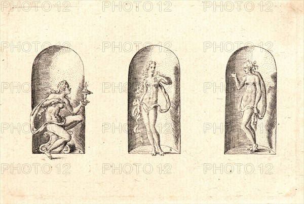 Etienne Delaune (aka Ãâtienne Delaune) (French, ca. 1519 - 1583). Several Gods of Classical Antiquity (Plusieurs Divinités de l'Antiquiteé Paienne), plate 6, 1578. From Several Gods of Classical Antiquity (Plusieurs Divinités de l'Antiquiteé Paienne. Engraving.