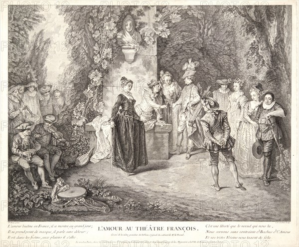 Charles-Nicolas Cochin I (French, 1688-1754) after Jean-Antoine Watteau (French, 1684 - 1721). Love in the French Theater (L'Amour au ThéÃ¢tre FranÃ§ois), 1734. Etching and engraving on laid paper. Plate: 416 mm x 502 mm (16.38 in. x 19.76 in.). Fourth of five states.