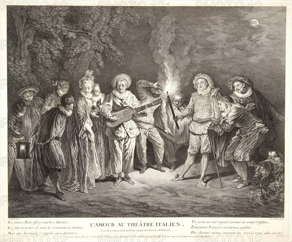 Charles-Nicolas Cochin I (French, 1688-1754) after Jean-Antoine Watteau (French, 1684 - 1721). Love in the Italian Theater (L'Amour au ThéÃ¢tre Italien), 1734. Etching and engraving. Plate: 420 mm x 501 mm (16.54 in. x 19.72 in.). Fourth of five states.
