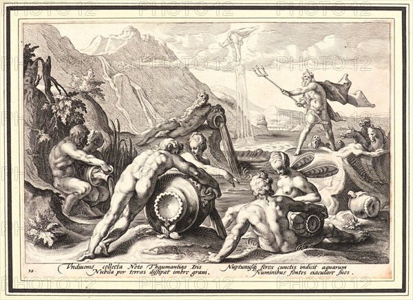 Anonymous after Hendrick Goltzius (Dutch, 1558 - 1617). Neptune Plotting the Destruction of Man, ca. 1589. From Metamorphoses. Engraving on wove paper. Plate: 175 mm x 252 mm (6.89 in. x 9.92 in.).