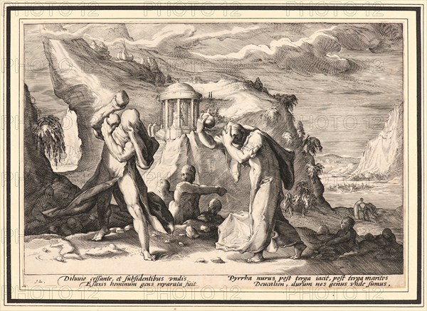Anonymous after Hendrick Goltzius (Dutch, 1558 - 1617). Deucalion and Pyrra Repeopling the Earth, ca. 1589. From Metamorphoses. Engraving on wove paper. Plate: 176 mm x 251 mm (6.93 in. x 9.88 in.).