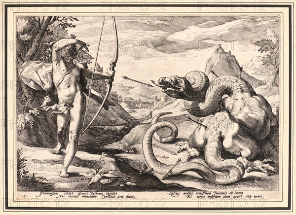 Anonymous after Hendrick Goltzius (Dutch, 1558 - 1617). Apollo Killing Python, ca. 1589. From Metamorphoses. Engraving on wove paper. Plate: 176 mm x 251 mm (6.93 in. x 9.88 in.).
