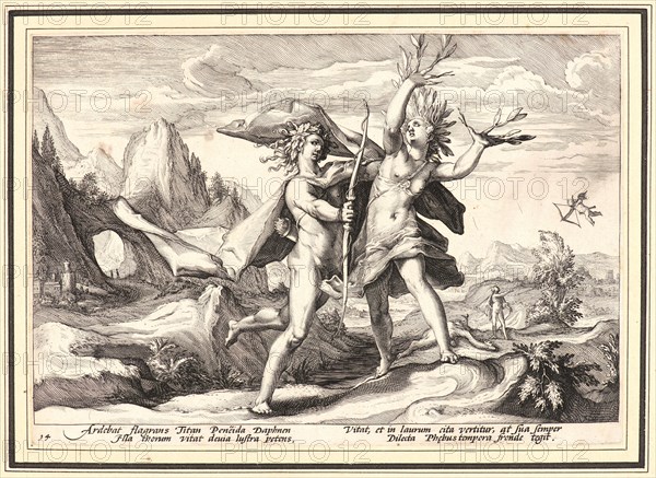 Anonymous after Hendrick Goltzius (Dutch, 1558 - 1617). Daphne Changed into a Laurel Tree, ca. 1589. From Metamorphoses. Engraving on wove paper. Plate: 174 mm x 250 mm (6.85 in. x 9.84 in.).