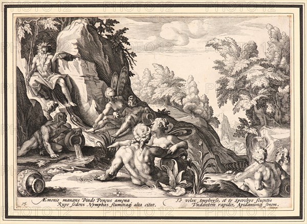 Anonymous after Hendrick Goltzius (Dutch, 1558 - 1617). The River God Peneus Surrounded by Other Divinities, ca. 1589. From Metamorphoses. Engraving on wove paper. Plate: 176 mm x 252 mm (6.93 in. x 9.92 in.).