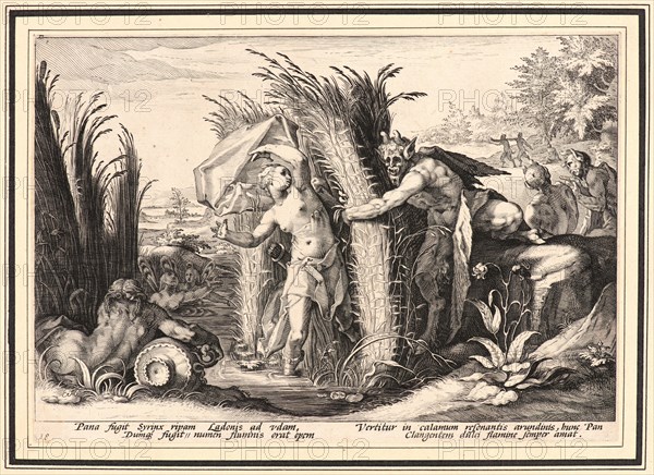 Anonymous after Hendrick Goltzius (Dutch, 1558 - 1617). Pan Pursuing Syrinx, Who Is Changed into a Reed, ca. 1589. From Metamorphoses. Engraving on wove paper. Plate: 176 mm x 250 mm (6.93 in. x 9.84 in.).