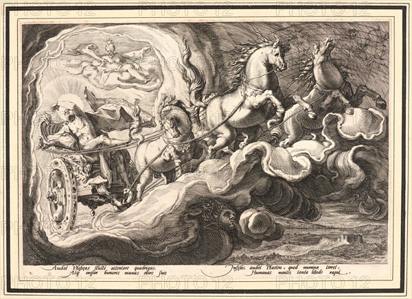 Anonymous after Hendrick Goltzius (Dutch, 1558 - 1617). Phaeton Driving the Chariot of the Sun, ca. 1590. From Metamorphoses. Engraving on wove paper. Plate: 175 mm x 250 mm (6.89 in. x 9.84 in.). Undescribed first state.