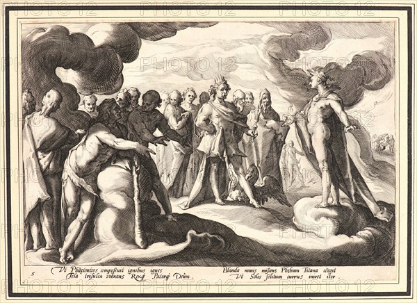 Anonymous after Hendrick Goltzius (Dutch, 1558 - 1617). Jupiter and the Other Gods Asking Helios to Resume Control of the Chariot, ca. 1590. From Metamorphoses. Engraving on wove paper. Plate: 177 mm x 252 mm (6.97 in. x 9.92 in.). Undescribed first state.