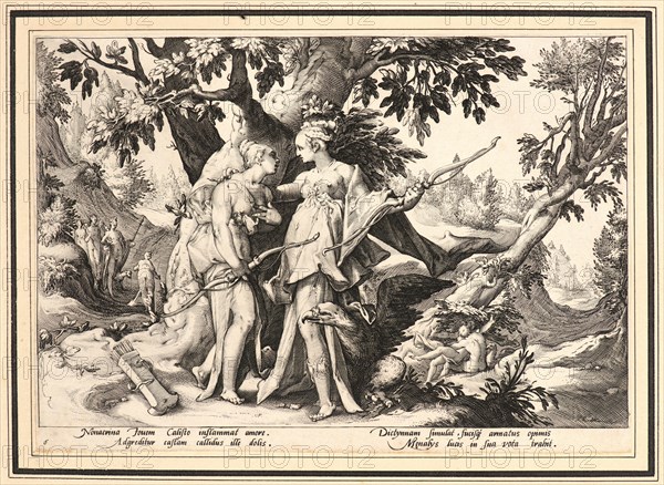 Anonymous after Hendrick Goltzius (Dutch, 1558 - 1617). Jupiter Assuming the Form of Diana in Order to Seduce Callisto, ca. 1590. From Metamorphoses. Engraving on wove paper. Plate: 176 mm x 250 mm (6.93 in. x 9.84 in.). Undescribed first state.