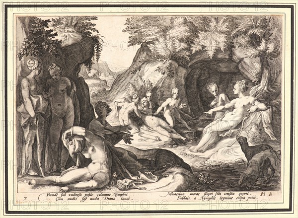 Anonymous after Hendrick Goltzius (Dutch, 1558 - 1617). Diana and Her Nymphs Discovering Callisto's Pregnancy, ca. 1590. From Metamorphoses. Engraving on wove paper. Plate: 178 mm x 251 mm (7.01 in. x 9.88 in.). Undescribed first state.