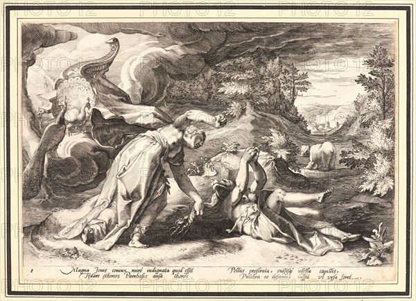 Anonymous after Hendrick Goltzius (Dutch, 1558 - 1617). Juno Turning Callisto into a Bear, ca. 1590. From Metamorphoses. Engraving on wove paper. Plate: 176 mm x 254 mm (6.93 in. x 10 in.). Undescribed first state.