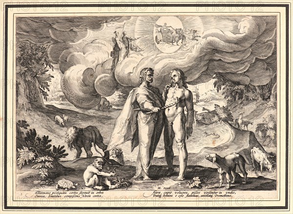 Anonymous after Hendrick Goltzius (Dutch, 1558 - 1617). Prometheus Making Man and Animating Him with Fire from Heaven, ca. 1589. From Metamorphoses. Engraving on wove paper. Plate: 175 mm x 250 mm (6.89 in. x 9.84 in.).