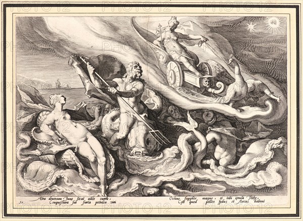 Anonymous after Hendrick Goltzius (Dutch, 1558 - 1617). Juno Complaining to Oceanus and Thetis, ca. 1590. From Metamorphoses. Engraving on wove paper. Plate: 177 mm x 253 mm (6.97 in. x 9.96 in.). Undescribed first state.