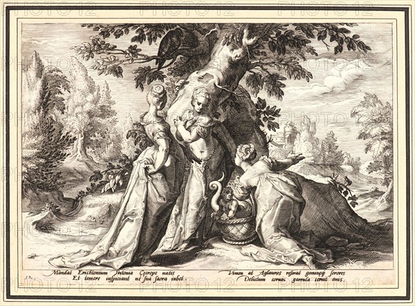 Anonymous after Hendrick Goltzius (Dutch, 1558 - 1617). The Daughters of Cecrops Opening the Casket Entrusted to Them by Minerva, ca. 1590. From Metamorphoses. Engraving on wove paper. Plate: 175 mm x 252 mm (6.89 in. x 9.92 in.). Undescribed first state.