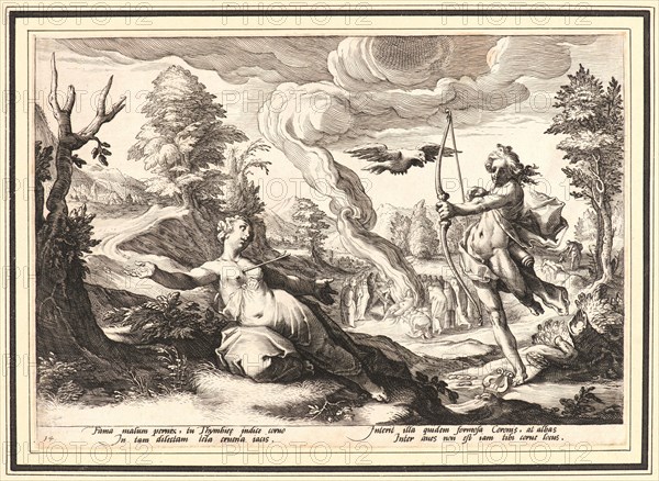 Anonymous after Hendrick Goltzius (Dutch, 1558 - 1617). Apollo Killing Coronis, ca. 1590. From Metamorphoses. Engraving on wove paper. Plate: 173 mm x 253 mm (6.81 in. x 9.96 in.). Undescribed first state.