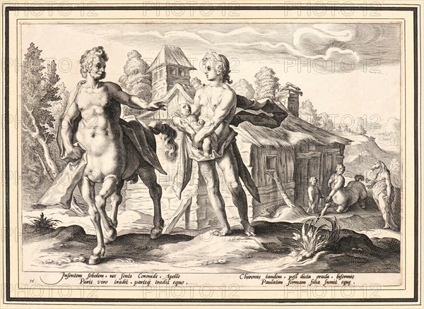 Anonymous after Hendrick Goltzius (Dutch, 1558 - 1617). Apollo Entrusting Chiron with the Education of Aesculapius, ca. 1590. From Metamorphoses. Engraving on wove paper. Plate: 176 mm x 254 mm (6.93 in. x 10 in.). Undescribed first state.
