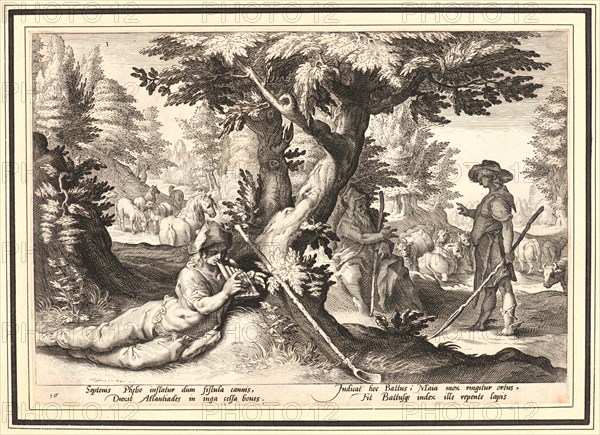 Anonymous after Hendrick Goltzius (Dutch, 1558 - 1617). Battus Changed into a Stone, ca. 1590. From Metamorphoses. Engraving on wove paper. Plate: 176 mm x 257 mm (6.93 in. x 10.12 in.). Undescribed first state.