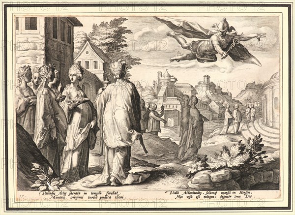 Anonymous after Hendrick Goltzius (Dutch, 1558 - 1617). Mercury Enamored of Herse, Daughter of Cecrops, ca. 1590. From Metamorphoses. Engraving on wove paper. Plate: 173 mm x 254 mm (6.81 in. x 10 in.). Undescribed first state.